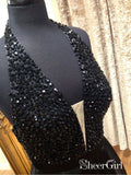 Long Beaded Halter Black Prom Dresses V-Neck Backless Formal Evening Ball Gowns APD3380-SheerGirl