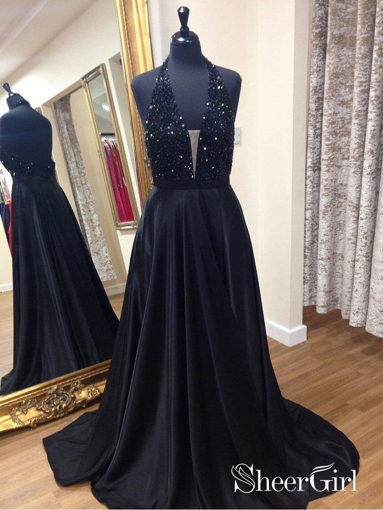 Long Beaded Halter Black Prom Dresses V-Neck Backless Formal Evening Ball Gowns APD3380 Long Beaded Halter Black Prom Dresses V-Neck Backless Formal Evening Ball Gowns APD3380