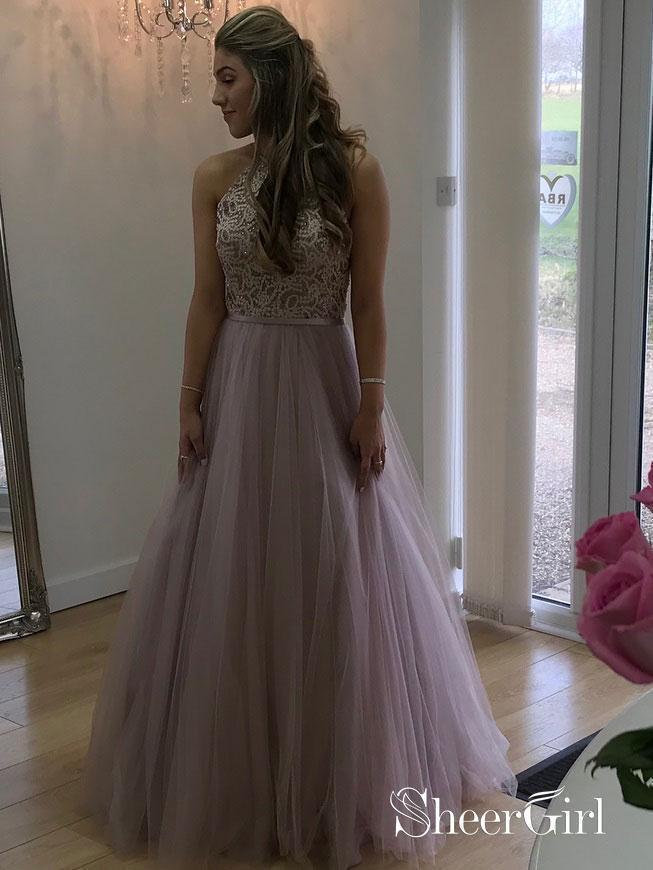 Long Beaded Lace Bodice Lilac Prom Dresses Hater Open Back Quinceanera Dresses APD3320-SheerGirl