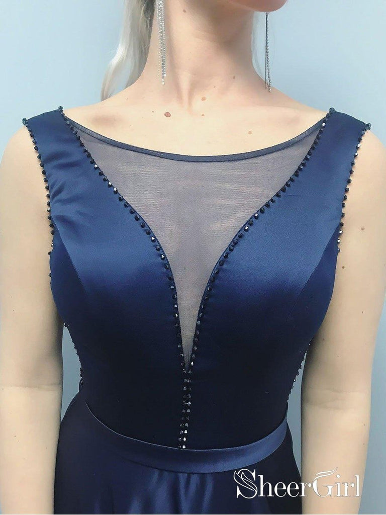 Long Beaded Navy Blue Prom Dresses See Through Backless Semi Formal Evening Dresses APD3305 Long Beaded Navy Blue Prom Dresses See Through Backless Semi Formal Evening Dresses APD3305