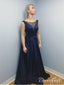Long Beaded Navy Blue Prom Dresses See Through Backless Semi Formal Evening Dresses APD3305