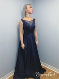 Long Beaded Navy Blue Prom Dresses See Through Backless Semi Formal Evening Dresses APD3305-SheerGirl
