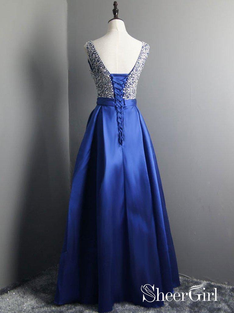 Long Beaded Satin Prom Dresses Simple V Neck Royal Blue Maternity Formal Dresses ARD1060 Long Beaded Satin Prom Dresses Simple V Neck Royal Blue Maternity Formal Dresses ARD1060