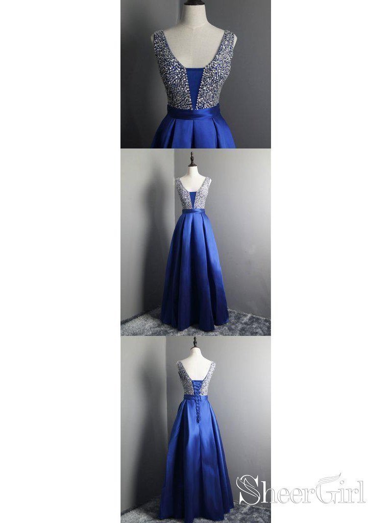 Long Beaded Satin Prom Dresses Simple V Neck Royal Blue Maternity Formal Dresses ARD1060 Long Beaded Satin Prom Dresses Simple V Neck Royal Blue Maternity Formal Dresses ARD1060