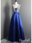 Long Beaded Satin Prom Dresses Simple V Neck Royal Blue Maternity Formal Dresses ARD1060