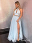 Long Beaded Slit Prom Dresses Halter Two Piece Split Formal Evening Ball Gowns APD3256