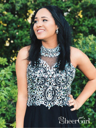 Long Blace Prom Dresses Rhinestones High Neck Formal Dress Evening Gown APD3440-SheerGirl