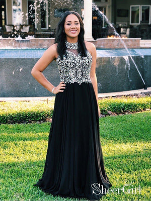 Long Blace Prom Dresses Rhinestones High Neck Formal Dress Evening Gown APD3440-SheerGirl