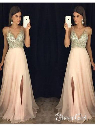 Long Blush Pink Chiffon Beaded Prom Dresses V Neck Maxi Formal Dresses with Slit APD1922-SheerGirl