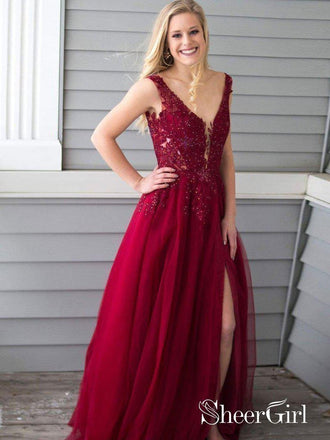 Long Burgundy Formal Dress V Neck Slit Appliqued Prom Dresses Ball Gowns APD3265-SheerGirl