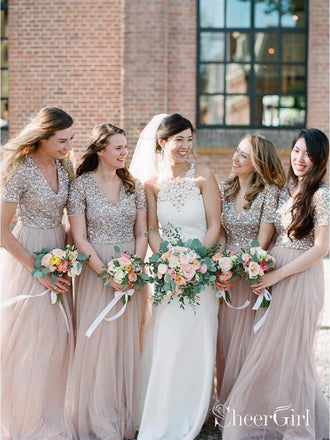 Long Cheap Plus Size Bridesmaid Dress Sparkly Short Sleeve Bridesmaid Dresses PB10041-SheerGirl