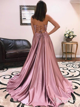 Long Cheap Simple Prom Dress Side Slit Pocket Spaghetti Strap Prom Dresses APD3400-SheerGirl