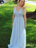 Long Chiffon Blue Beaded Prom Dresses V-Neck Maxi Mother of the Bride Dress APD3403-SheerGirl