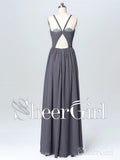 Long Chiffon Bridesmaid Dresses Spaghetti Strap Steel Gray Formal Evening Gowns APD3290-SheerGirl