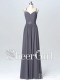 Long Chiffon Bridesmaid Dresses Spaghetti Strap Steel Gray Formal Evening Gowns APD3290-SheerGirl