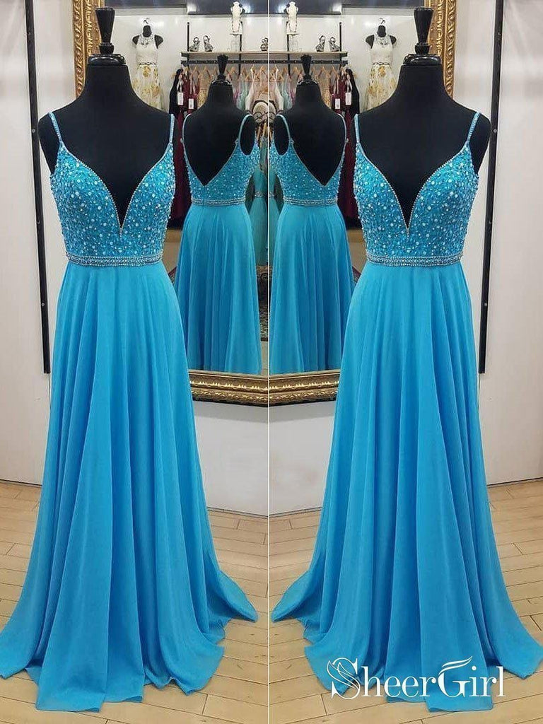 Long Chiffon Cheap Beaded Prom Dresses Spaghetti Strap V Neck Backless Formal Evening Dress APD3324 Long Chiffon Cheap Beaded Prom Dresses Spaghetti Strap V Neck Backless Formal Evening Dress APD3324
