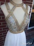 Long Chiffon Deep V-Neck Gold Prom Dresses Beaded Formal Evening Ball Gowns APD3418-SheerGirl