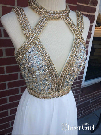 Long Chiffon Deep V-Neck Gold Prom Dresses Beaded Formal Evening Ball Gowns APD3418-SheerGirl