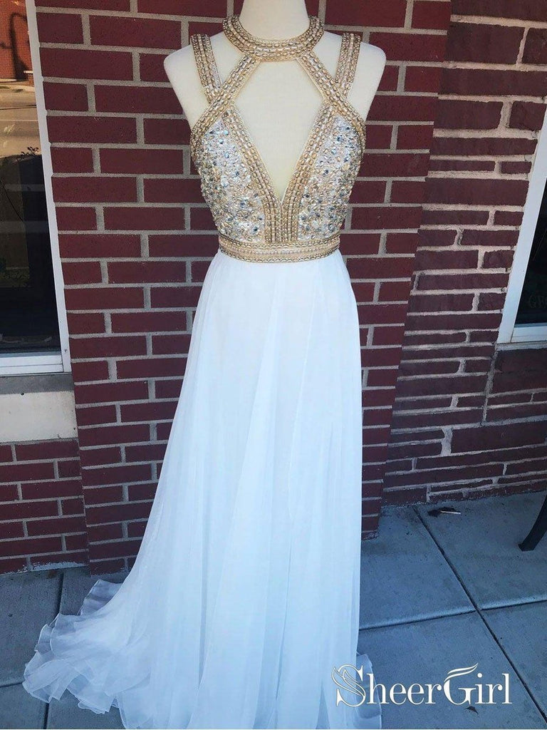 Long Chiffon Deep V-Neck Halter Prom Dresses Beaded Formal Evening Ball Gowns SheerGirl Long Chiffon Deep V-Neck Halter Prom Dresses Beaded Formal Evening Ball Gowns SheerGirl