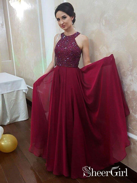 Beaded Prom Dresses Long Cheap Halter Bridesmaid Dress |Sheergirl.com –  SheerGirl