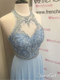 Long Chiffon Lace Beaded Prom Dresses Light Blue Halter Formal Evening Gowns APD3382-SheerGirl