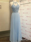 Long Chiffon Lace Beaded Prom Dresses Light Blue Halter Formal Evening Gowns APD3382