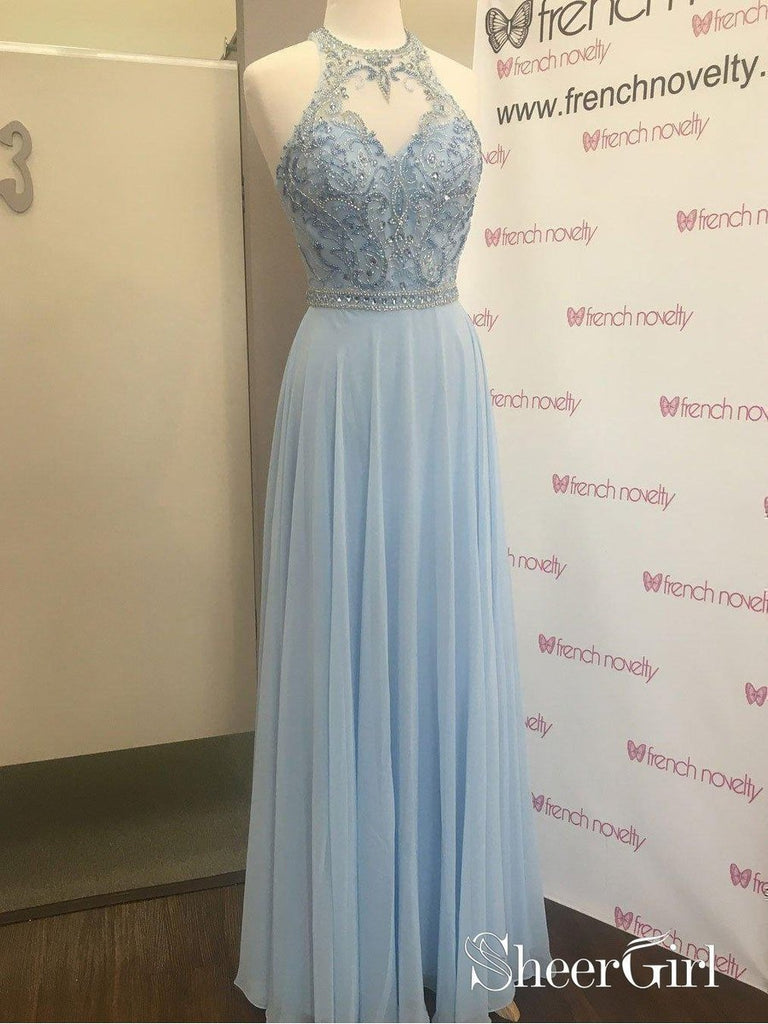 Long Chiffon Lace Beaded Prom Dresses Light Blue Halter Formal Evening Gowns|Sheergirl.com SheerGirl Long Chiffon Lace Beaded Prom Dresses Light Blue Halter Formal Evening Gowns|Sheergirl.com SheerGirl