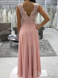 Long Chiffon Lace Beaded Prom Dresses Pink V-neck Formal Dress with Slit APD3372-SheerGirl
