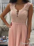 Long Chiffon Lace Beaded Prom Dresses Pink V-neck Formal Dress with Slit APD3372-SheerGirl