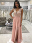 Long Chiffon Lace Beaded Prom Dresses Pink V-neck Formal Dress with Slit APD3372