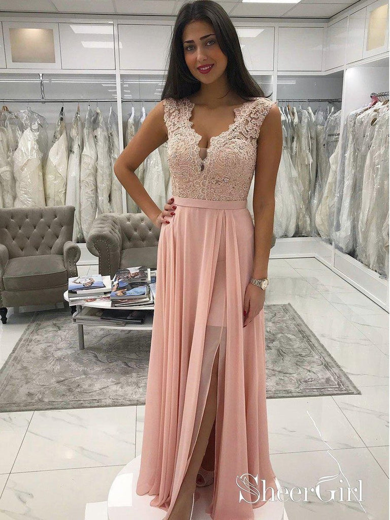 Long Chiffon Lace Beaded Prom Dresses Pink V-neck Formal Dress with Slit |Sheergirl.com SheerGirl Long Chiffon Lace Beaded Prom Dresses Pink V-neck Formal Dress with Slit |Sheergirl.com SheerGirl