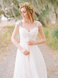 Long Chiffon Lace Cap Sleeve Ivory Beach Wedding Dresses Plus Size AWD1003-SheerGirl