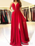 Long Chiffon Red Bridesmaid Dress Emerald Green Prom Dresses with Slit APD3323-SheerGirl