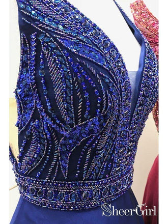 Long Chiffon V Neck Burgundy Prom Dresses Juniors Backless Beaded Formal Dresses Plus Size ARD1045-SheerGirl