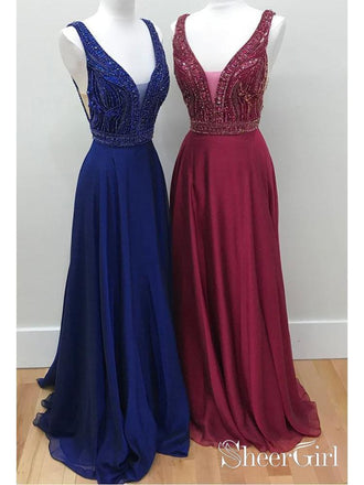 Long Chiffon V Neck Burgundy Prom Dresses Juniors Backless Beaded Formal Dresses Plus Size ARD1045-SheerGirl