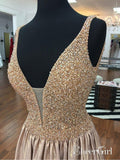 Long Gold Beaded V-Neck Prom Dresses A Line Backless Prom Dress APD3391-SheerGirl