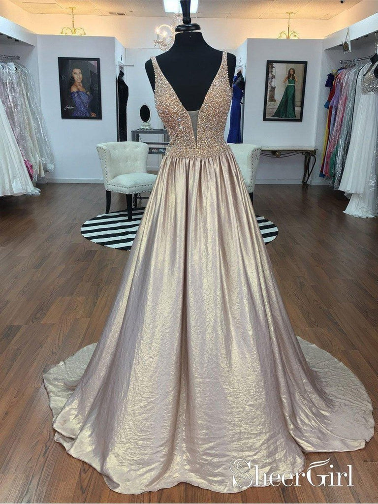 Long Gold Beaded V-Neck Prom Dresses A Line Backless Quinceanera Dress|Sheergirl.com SheerGirl Long Gold Beaded V-Neck Prom Dresses A Line Backless Quinceanera Dress|Sheergirl.com SheerGirl