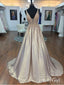 Long Gold Beaded V-Neck Prom Dresses A Line Backless Prom Dress APD3391