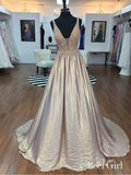Long Gold Beaded V-Neck Prom Dresses A Line Backless Prom Dress APD3391-SheerGirl