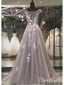 Long Grey Tulle Appliqued Prom Dresses See Through Backless Plus Size Formal Dresses ARD1038
