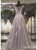 Long Grey Tulle Appliqued Prom Dresses See Through Backless Plus Size Formal Dresses ARD1038-SheerGirl