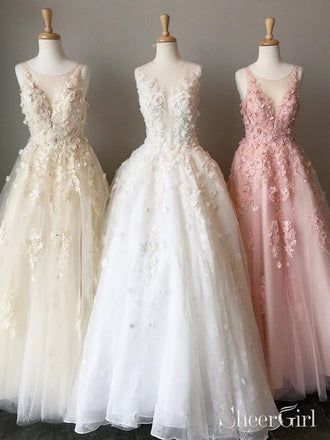 Long Lace Applique Prom Dresses Cheap Tulle Formal Dresses ARD2010-SheerGirl