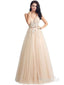 Long Lace Applique V-Neck Ball Gowns Tull Formal Prom Dresses with Belt APD3247