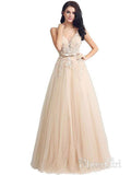 Long Lace Applique V-Neck Ball Gowns Tull Formal Prom Dresses with Belt APD3247-SheerGirl