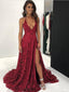 Long Lace Burgundy Formal Evening Gowns Spaghett Strap Prom Dresses with Slit APD3416