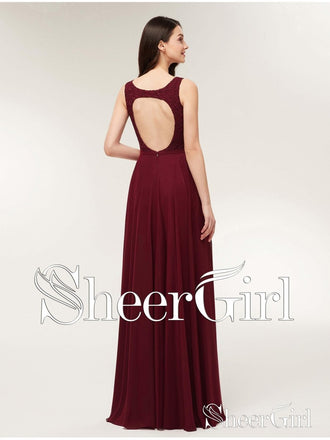 Long Lace Burgundy V-Neck Evening Gowns for Women Chiffon Open Back Prom Dresses APD3243-SheerGirl