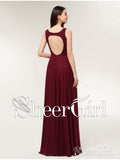 Long Lace Burgundy V-Neck Evening Gowns for Women Chiffon Open Back Prom Dresses APD3243-SheerGirl