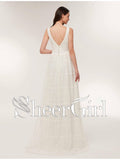 Long Lace Ivory Double V-Neck Bridal Gowns Sleeveless Beach Wedding Dresses APD3244-SheerGirl