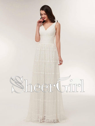 Long Lace Ivory Double V-Neck Bridal Gowns Sleeveless Beach Wedding Dresses APD3244-SheerGirl