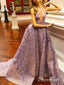 Dlouhé fialové plesové šaty krajkové aplikované průhledné plesové šaty ARD1478 